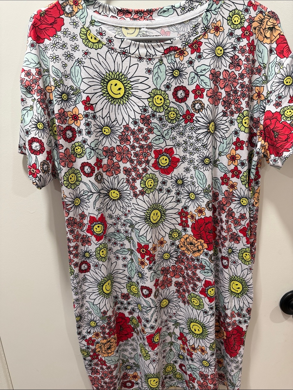 Smiley Daisy Floral Mini Dress in White with Red & Yellow Accents